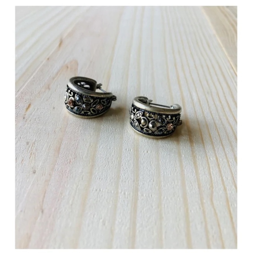 Vintage european ornate silvertone rhinestone studded huggie hoop earrings